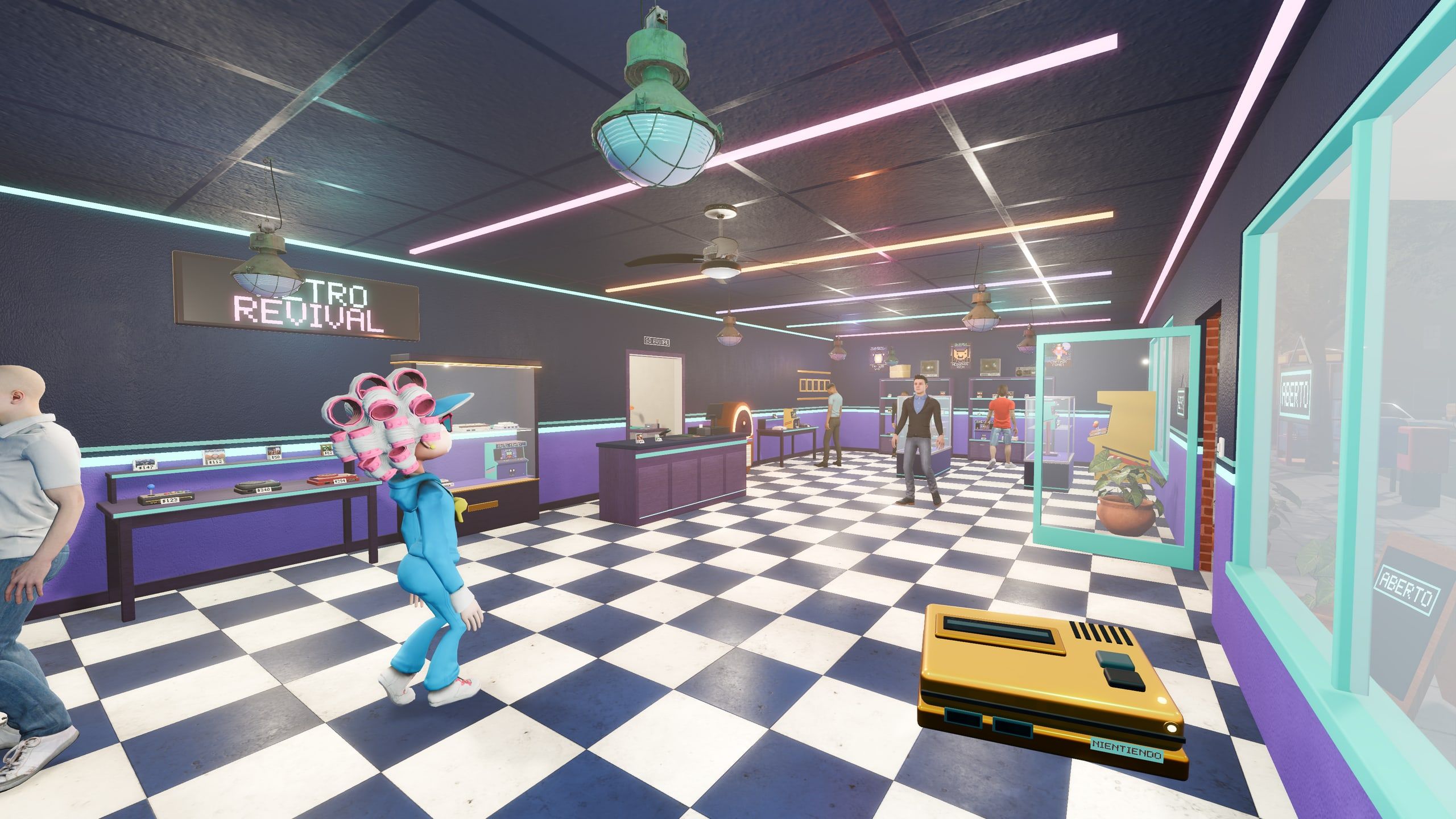 The Retro Revival shop at full swing, with neon lights, display cases and customers