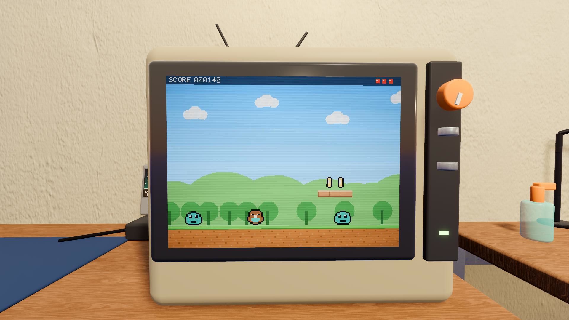 A cartridge game running on the bench CRT during a test