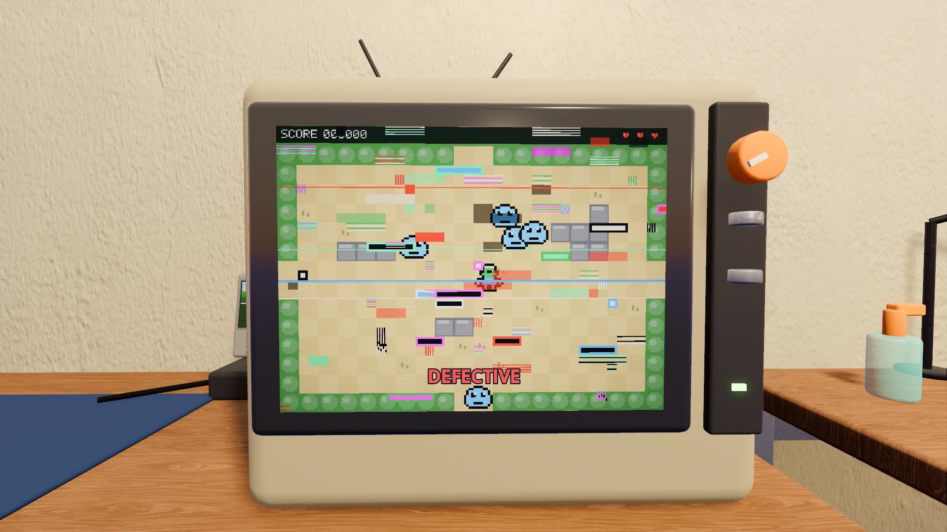 A broken game glitching on the CRT, marked defective