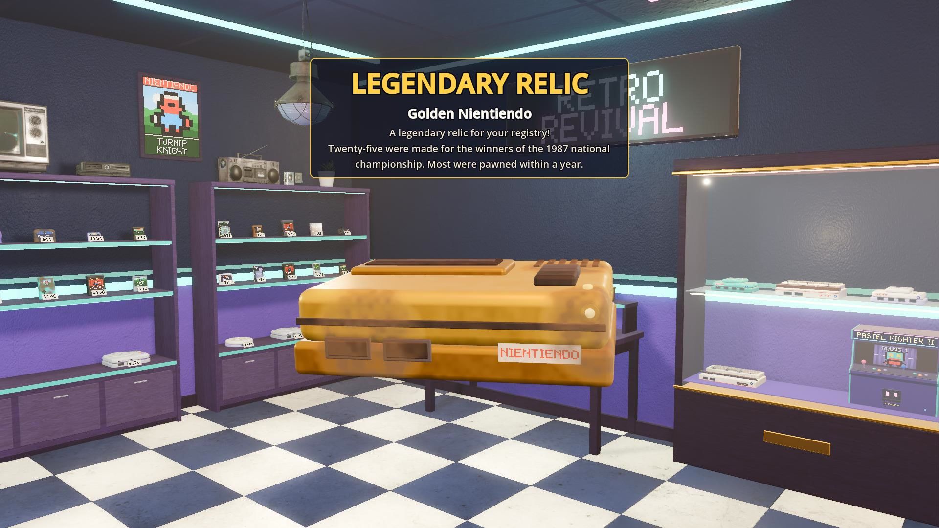 A legendary relic, the Golden Nientiendo, on display in the shop
