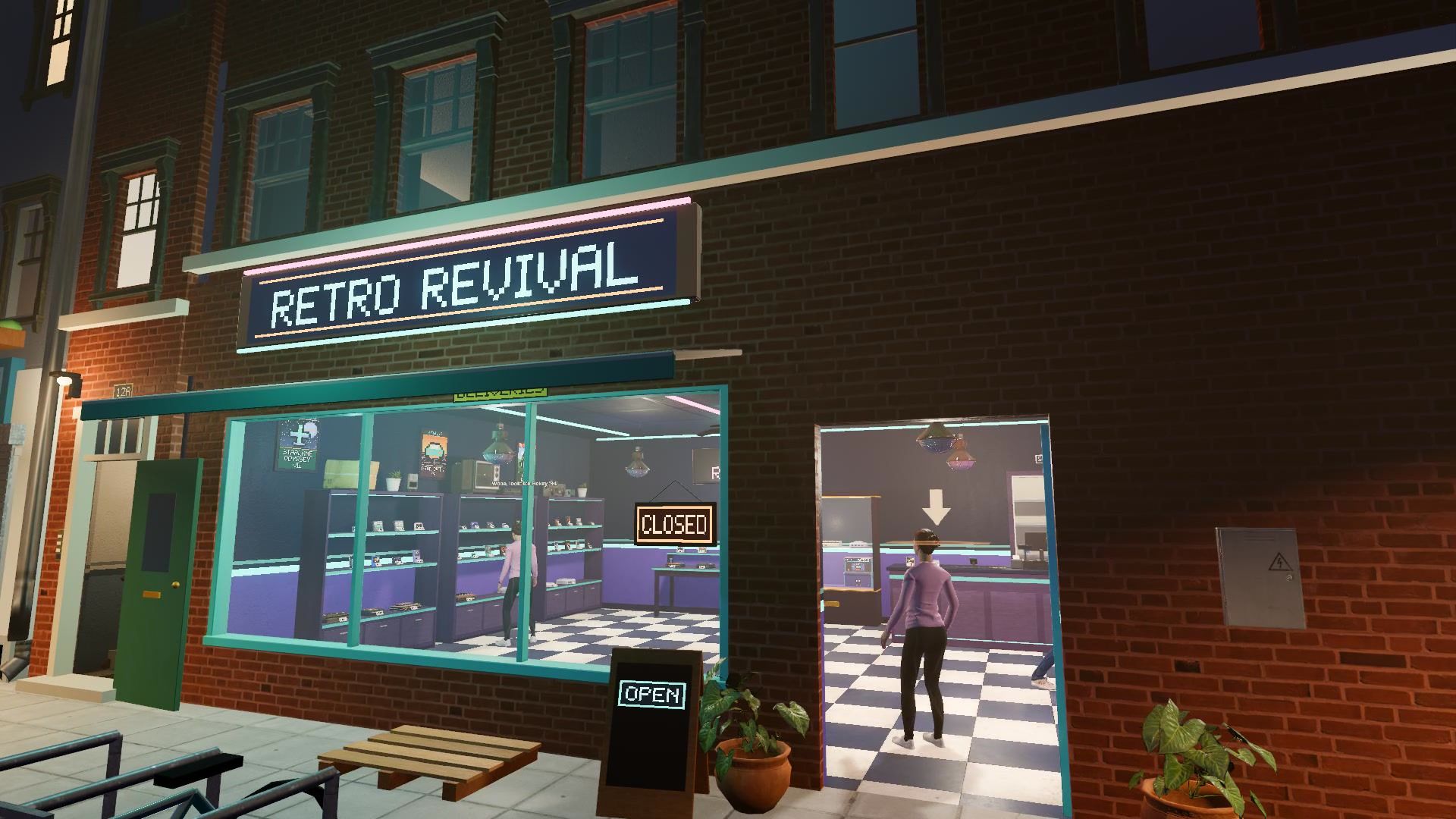 The Retro Revival shop front lit by neon at night